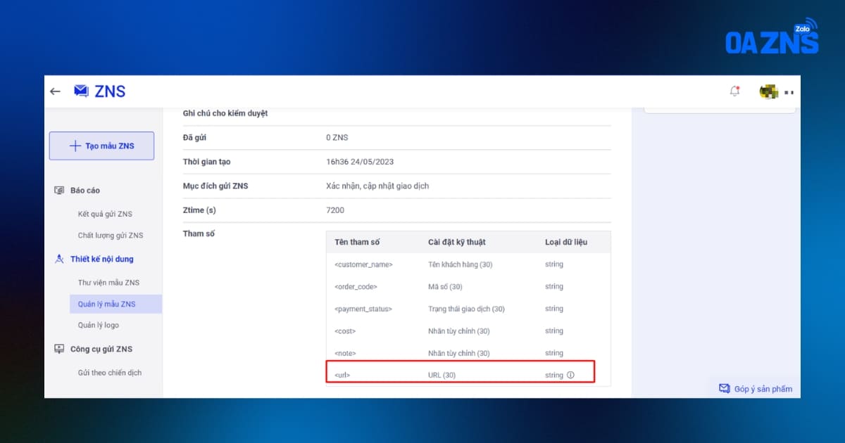 Mẫu Tin nhắn ZBS thành công