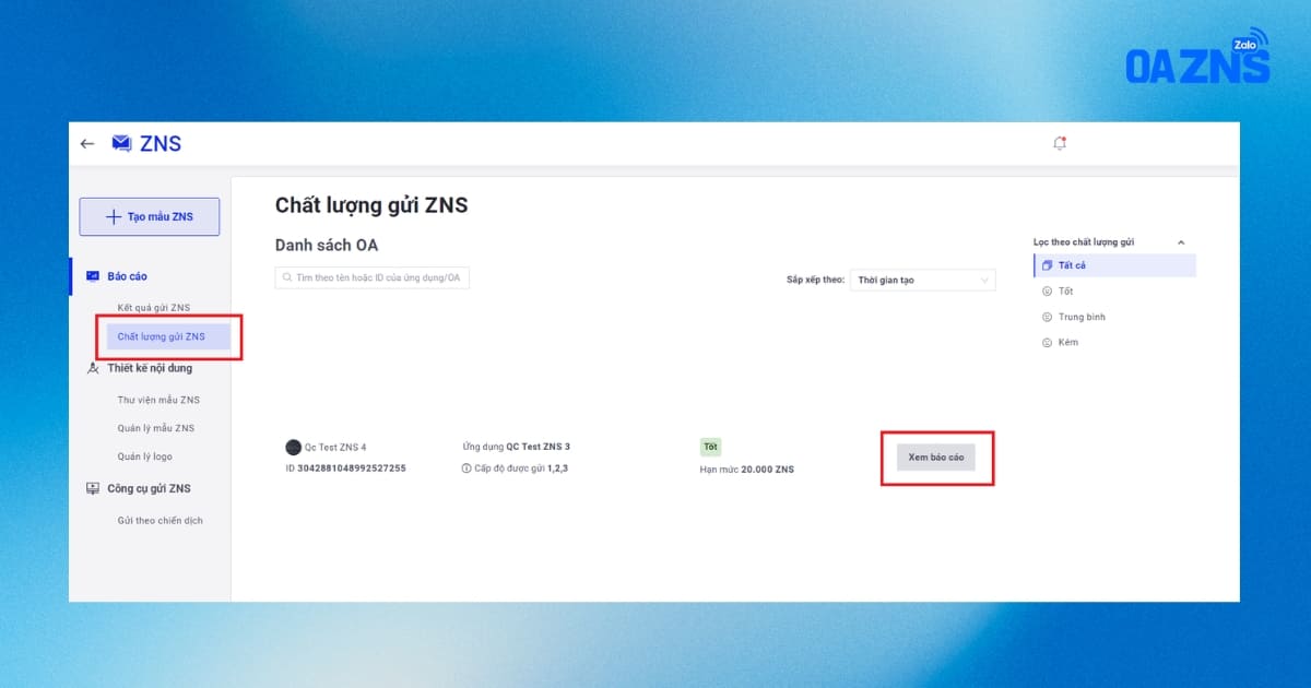 Nhấn “Xem báo cáo” chất lượng 