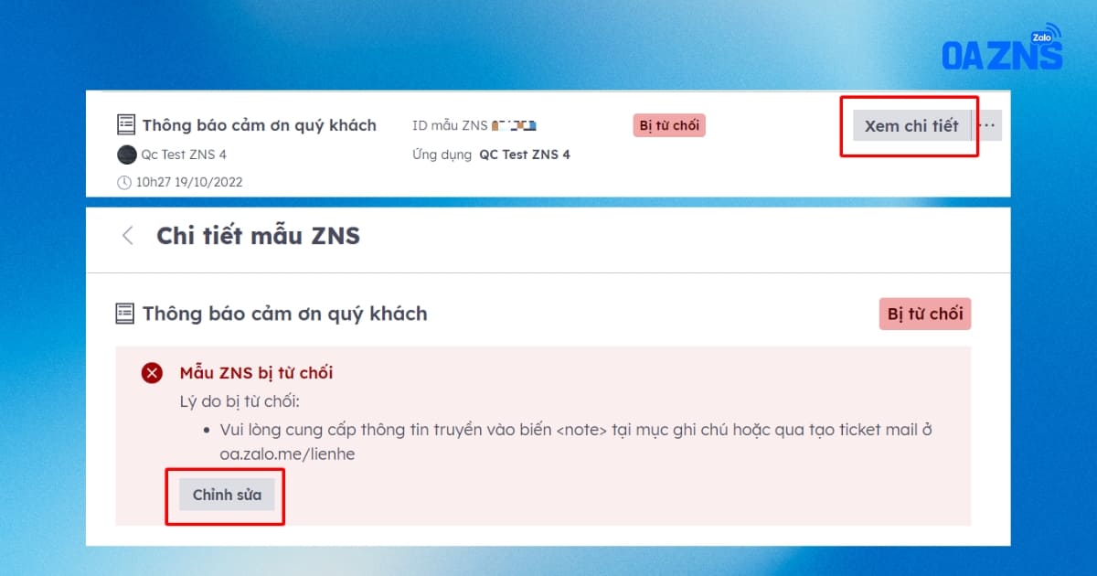 Nhấn "Xem chi tiết" đọc thêm về lý do mẫu ZNS bị từ chối