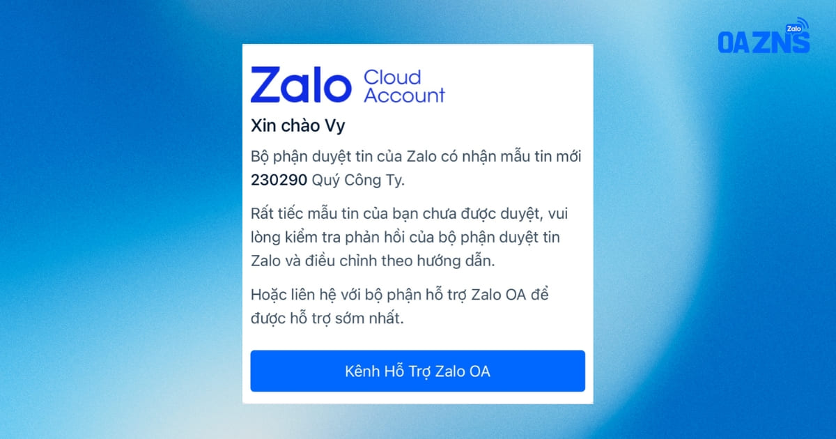 Thông báo ZNS thông báo liên quan đến trạng thái duyệt/từ chối