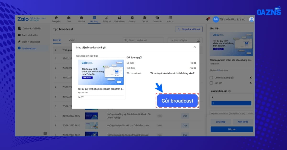 Bước 5: Gửi Broadcast Zalo OA