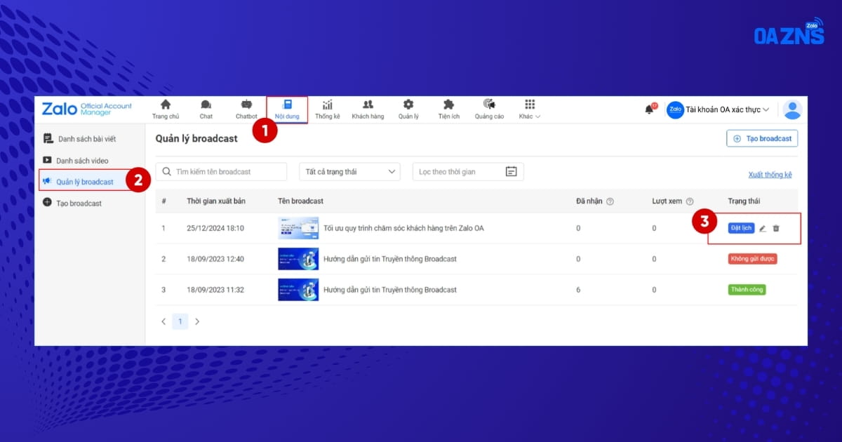 Đặt lịch gửi Broadcast