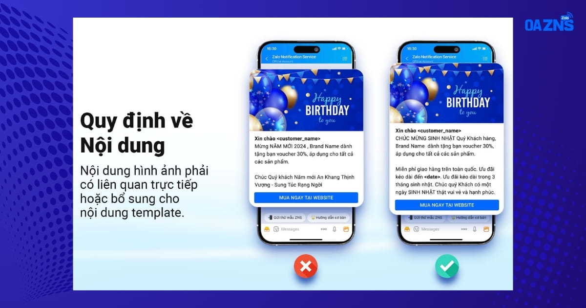 Hình ảnh trong Tin nhắn ZBS Template phải bổ trợ/phụ trợ cho phần tin nhắn