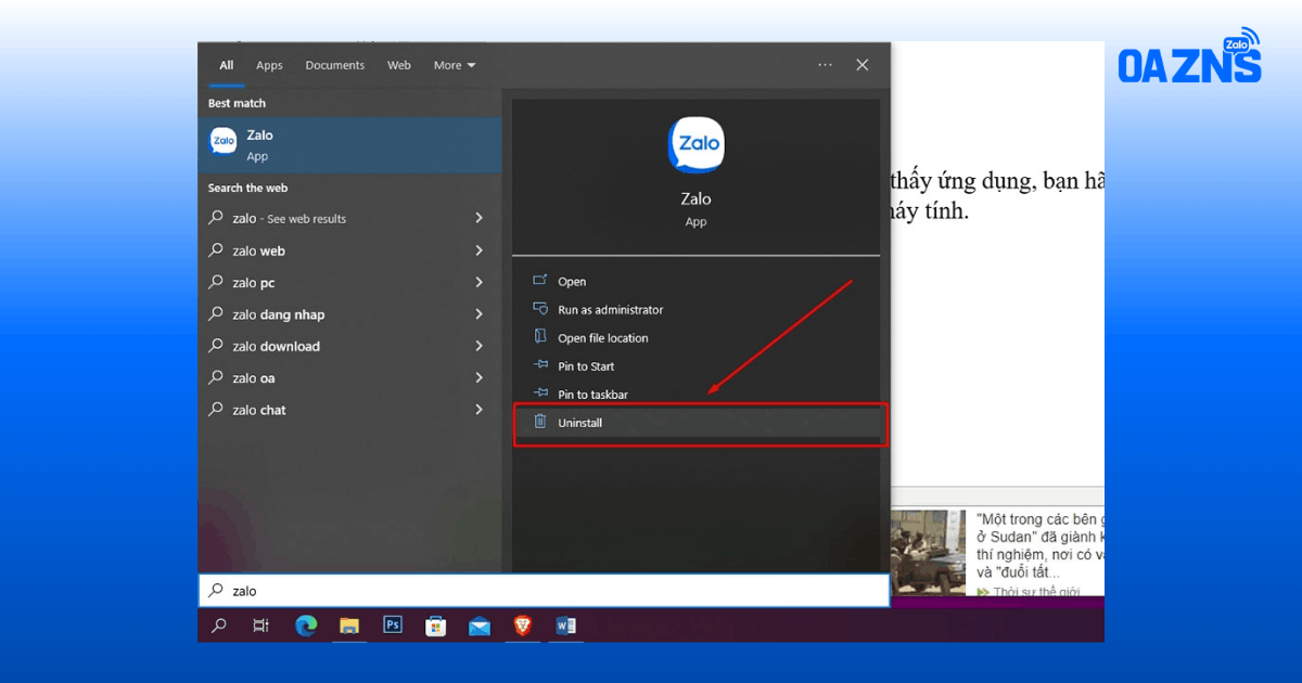 Cách xóa Zalo bằng công cụ tìm kiếm Windows