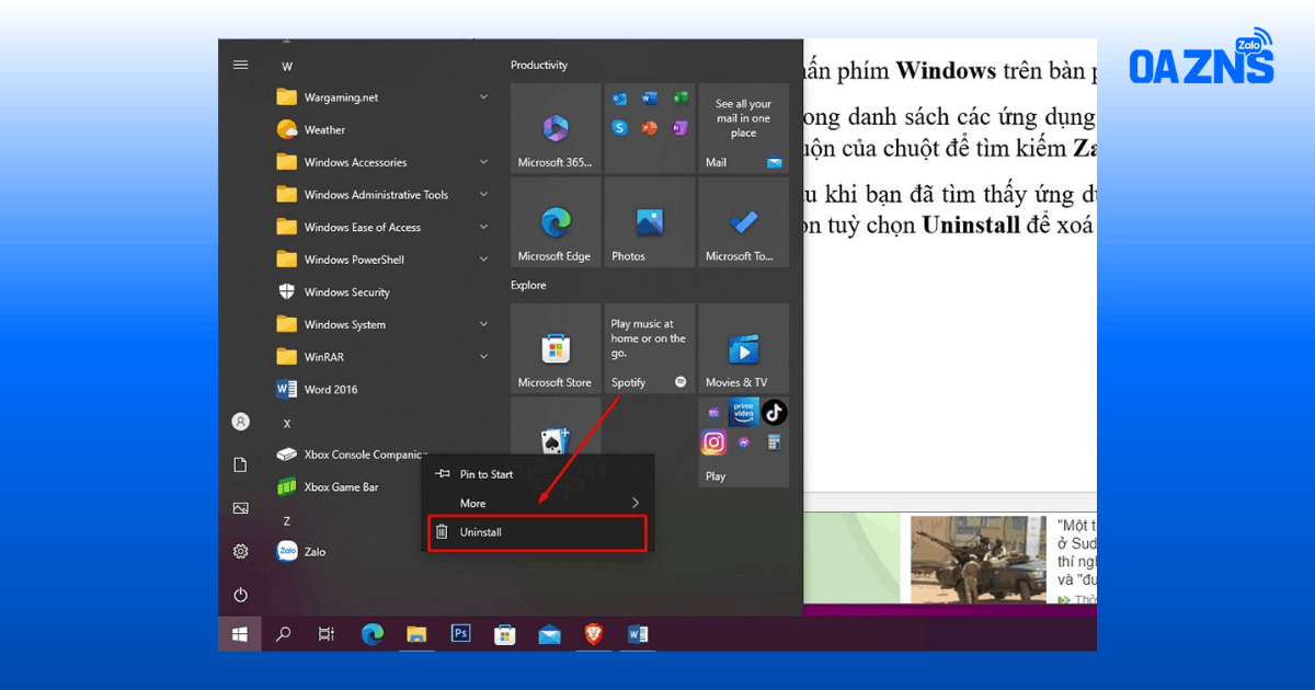 Cách xóa Zalo trên máy tính bằng Start Menu