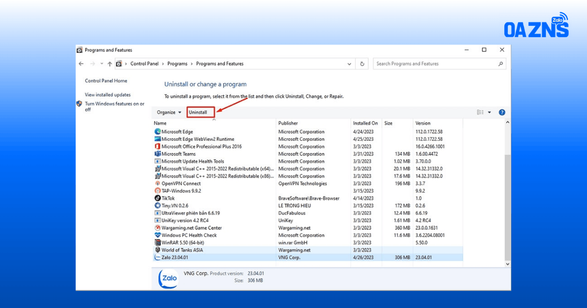 Chọn Zalo và nhấn Uninstall