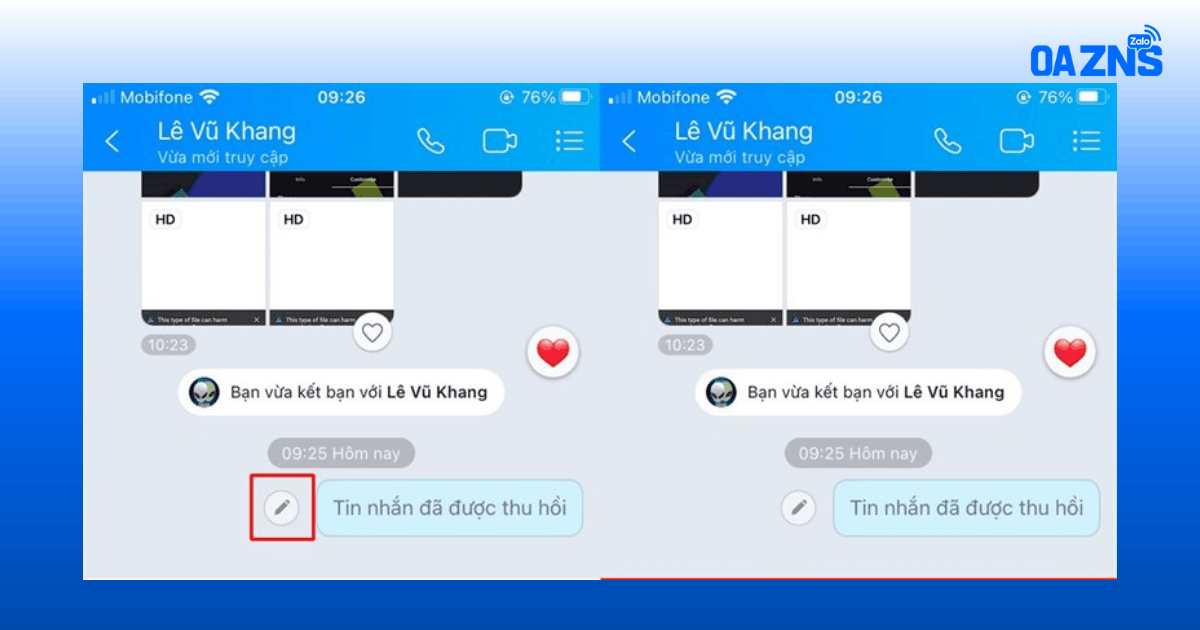 Giao diện tin nhắn đã được thu hồi