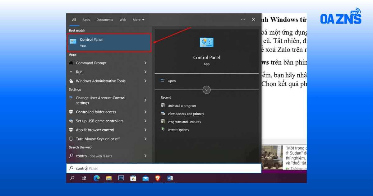 Mở Start Menu và nhập từ khóa Control Panel