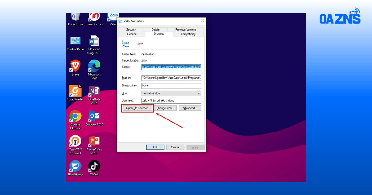 Nhấn Open File Location để mở thư mục cài đặt