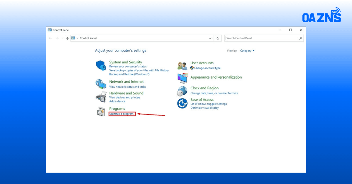 Nhấn vào Uninstall a Program