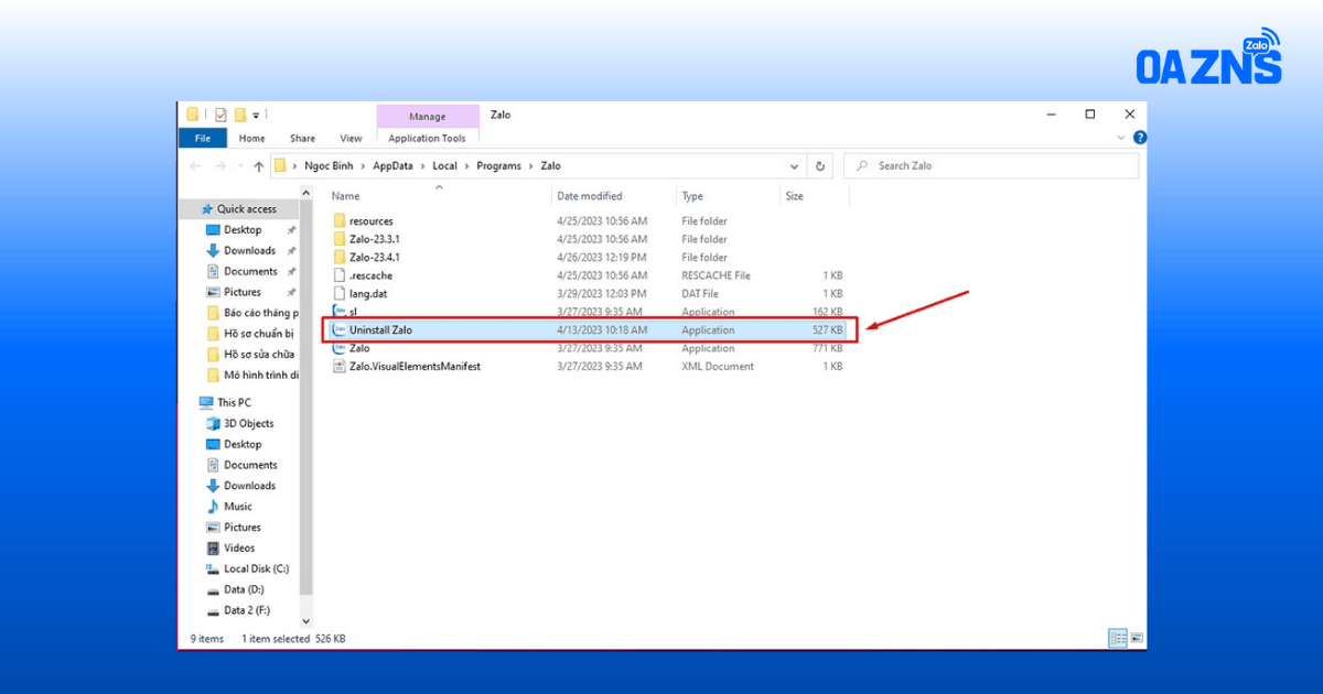 Tìm file có tên Uninstall Zalo