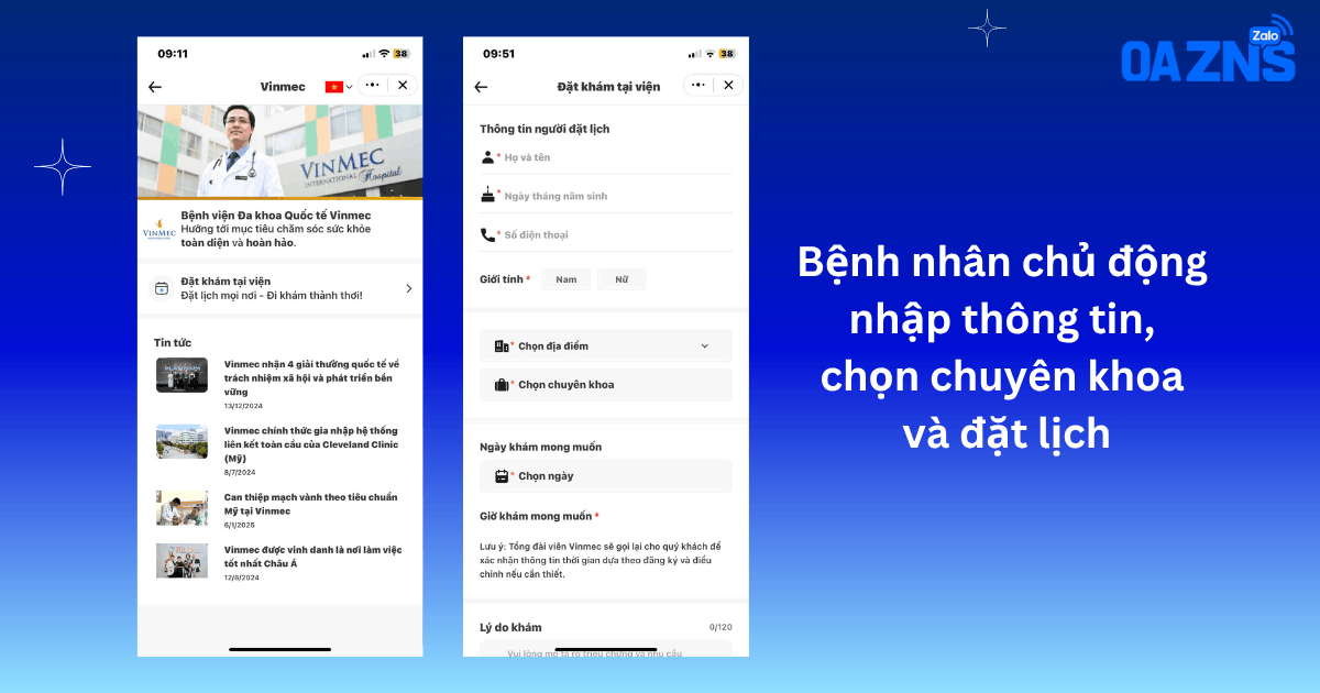 Bệnh nhân chủ động nhập thông tin, chọn chuyên khoa và đặt lịch
