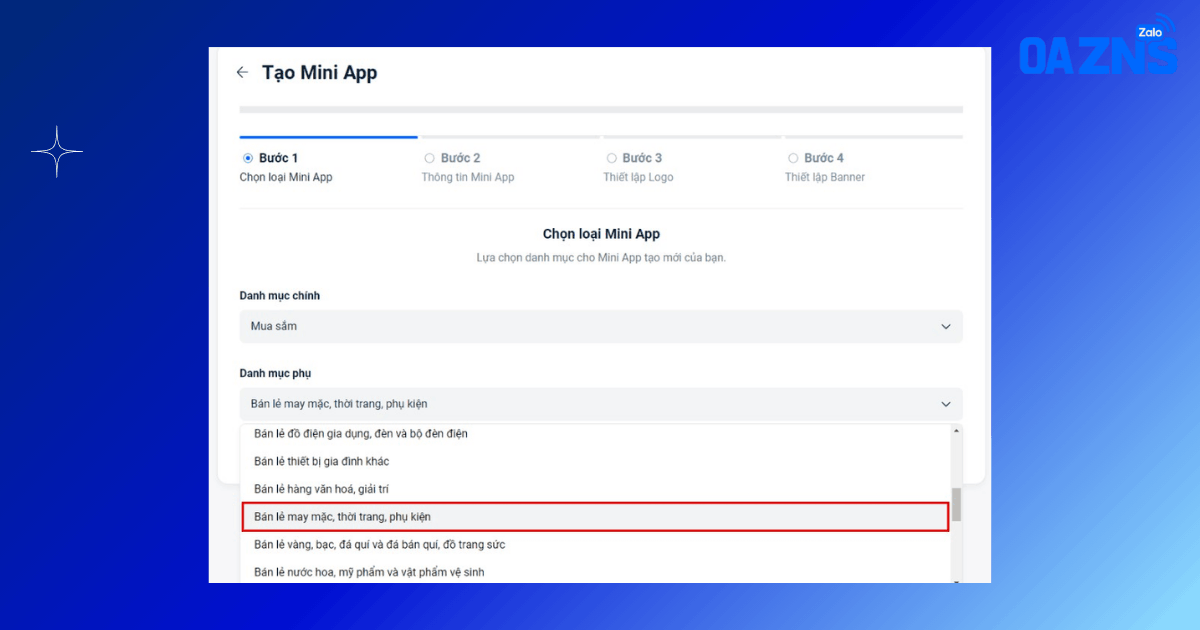 Chọn danh mục phụ cho Mini App
