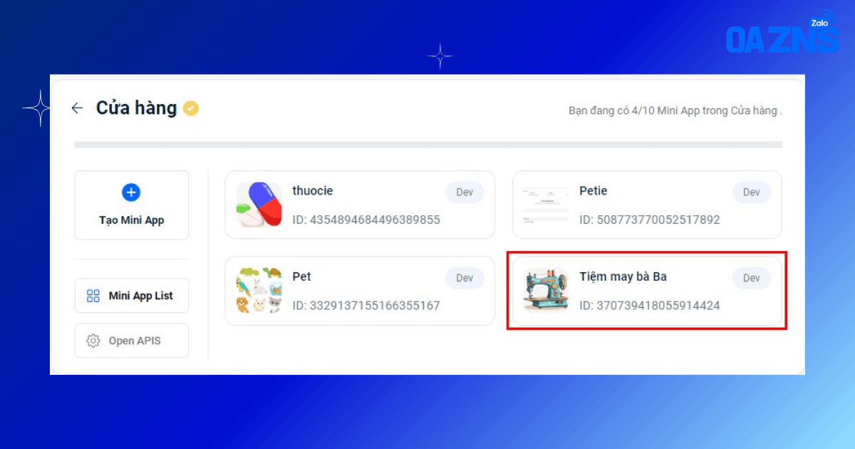 Chọn Mini App muốn kiểm tra
