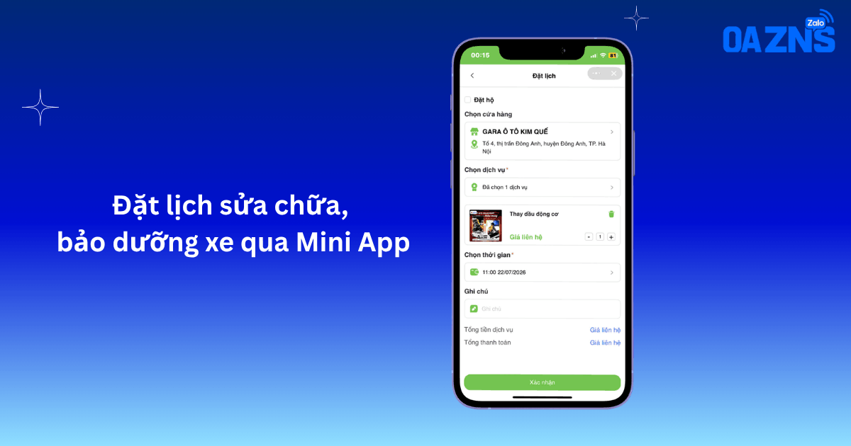 Đặt lịch sửa chữa, bảo dưỡng xe qua Mini App