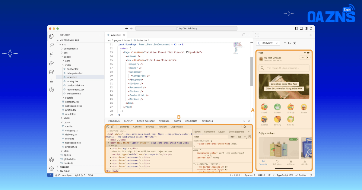 Mô phỏng giao diện Mini App trên Visual Studio Code