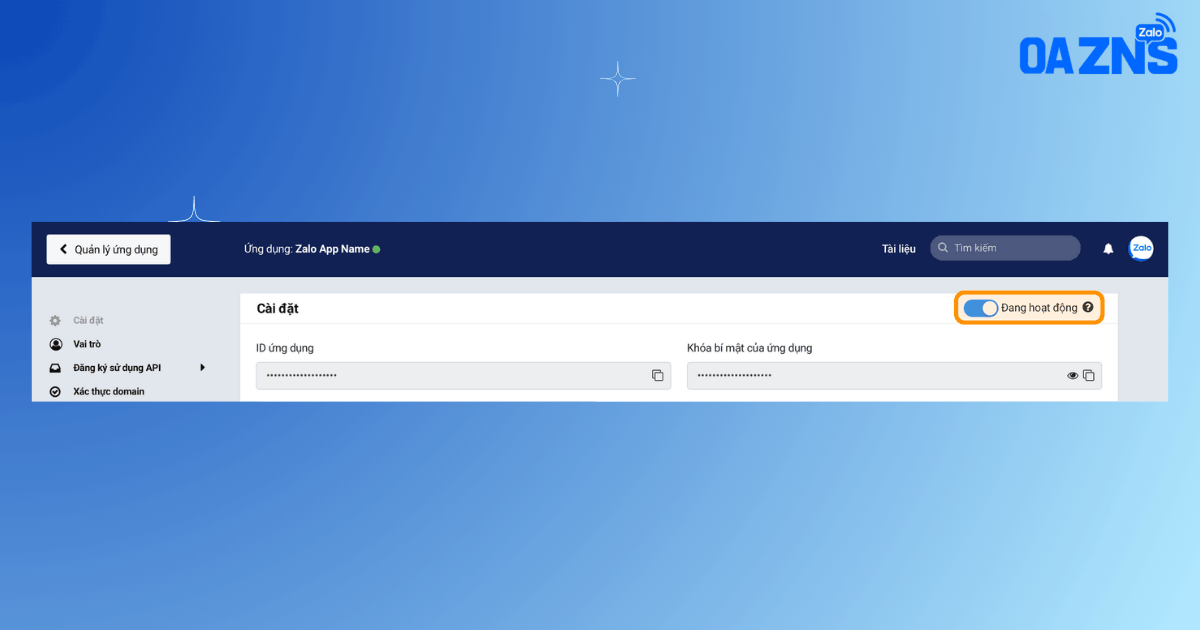Zalo App Name với trạng thái "Đang hoạt động"