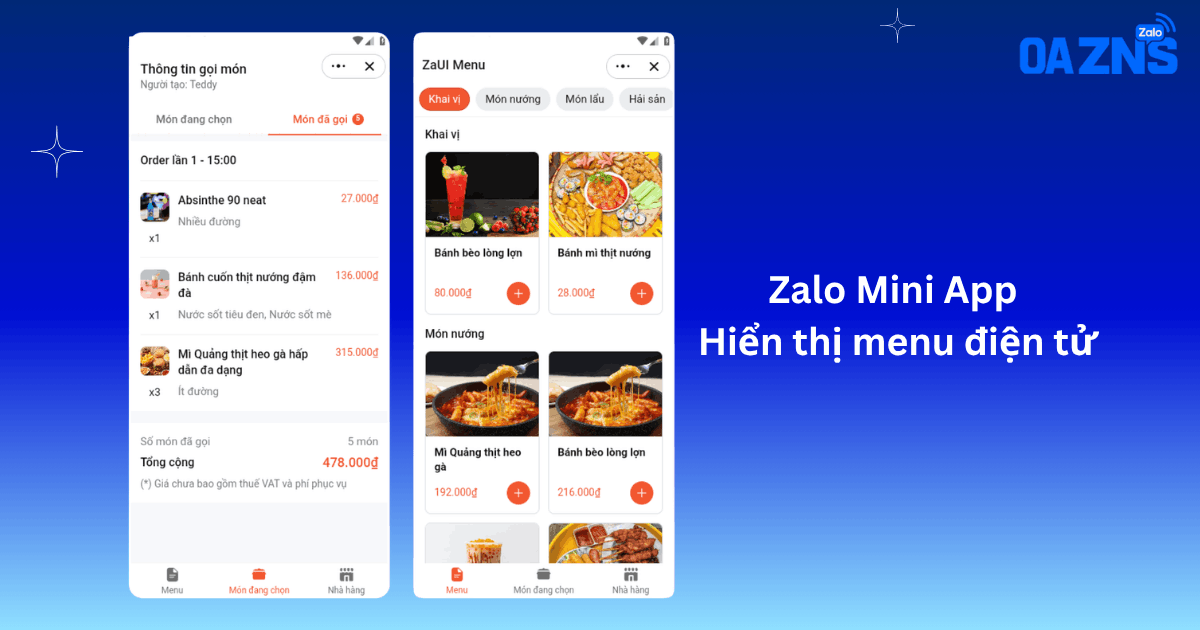 Zalo Mini App hiển thị menu điện tử