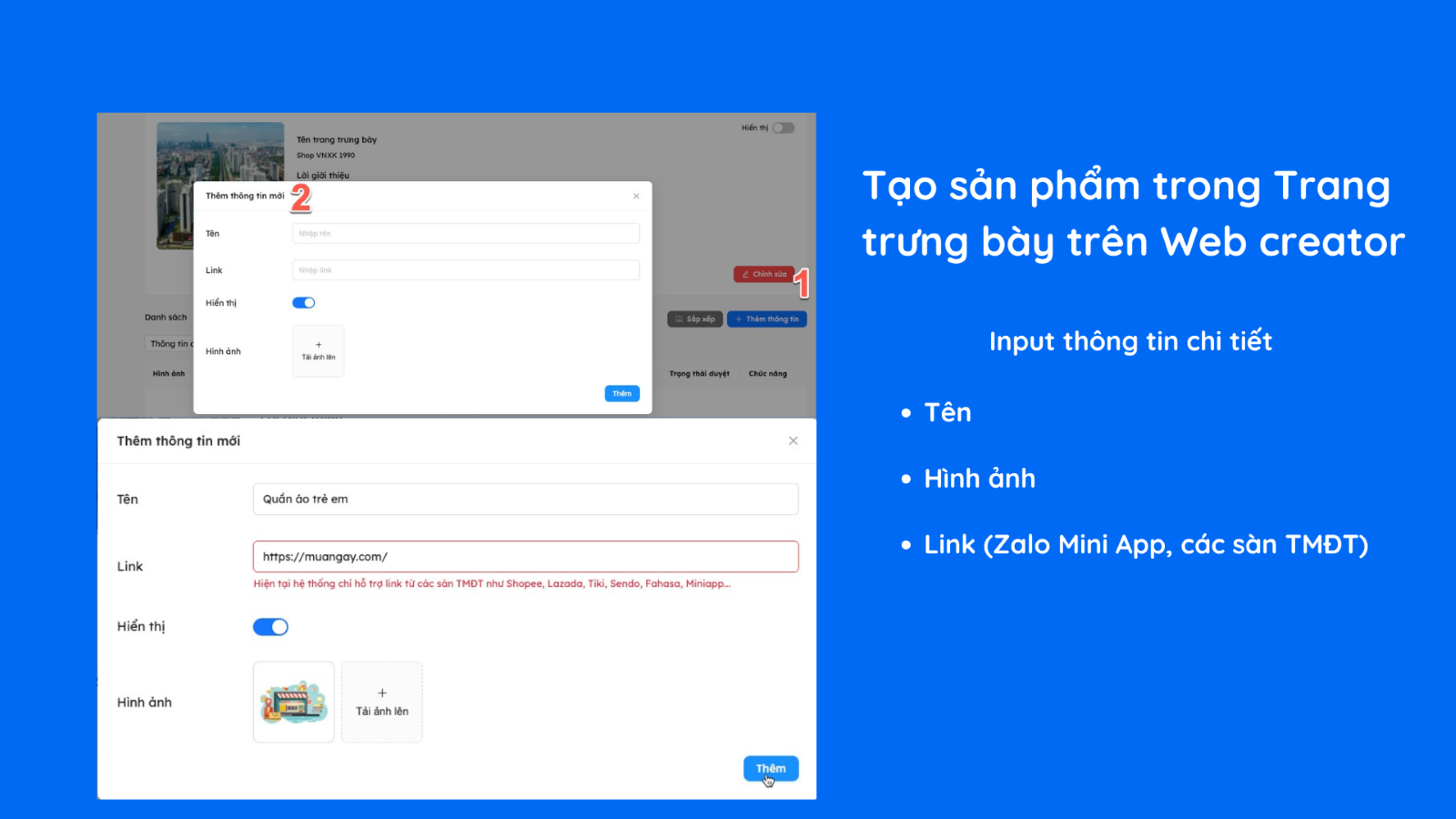 Tạo sản phẩm trong trang trưng bày trên Web Creator