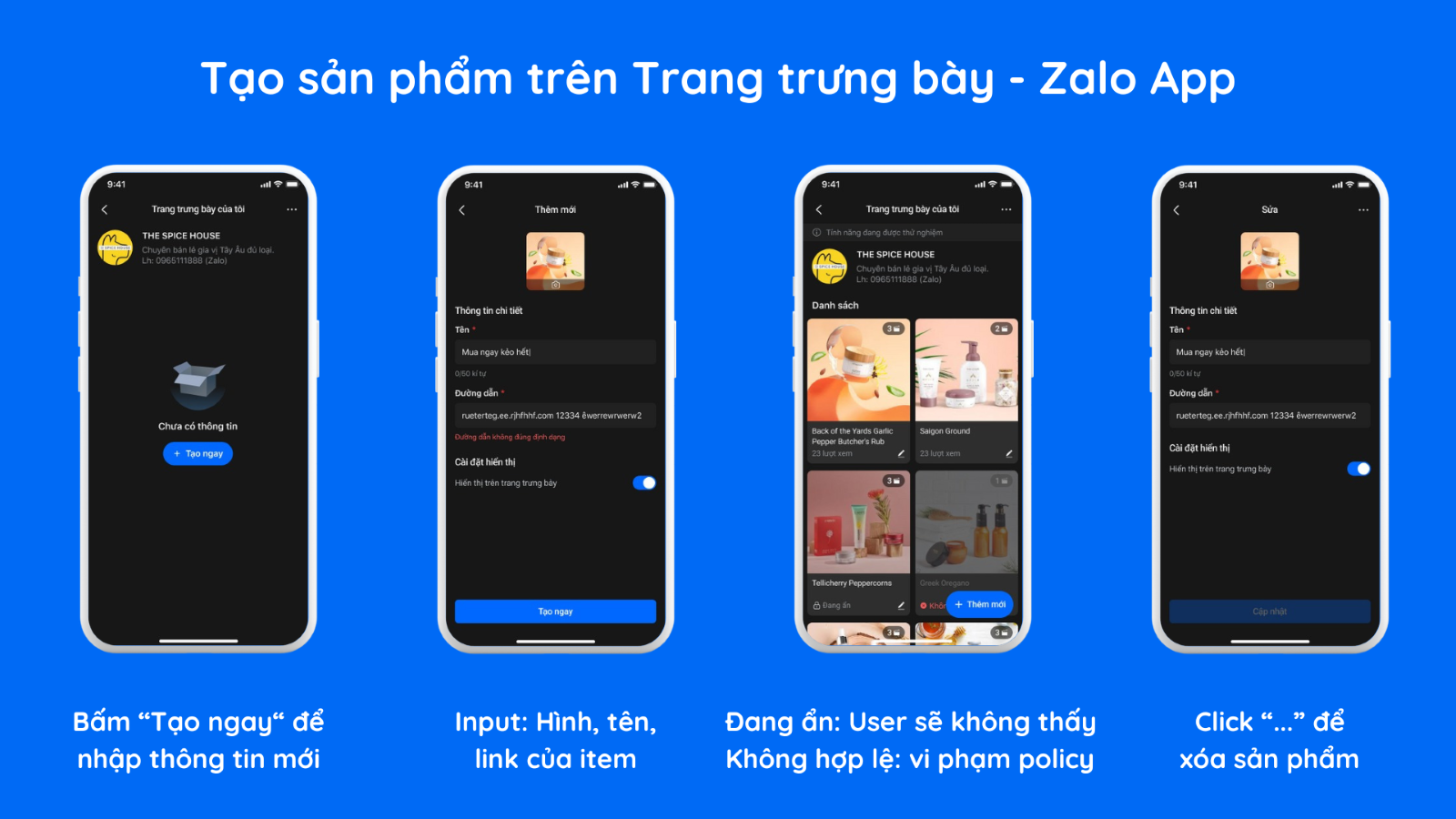 Tạo sản phẩm trong trang trưng bày Zalo App