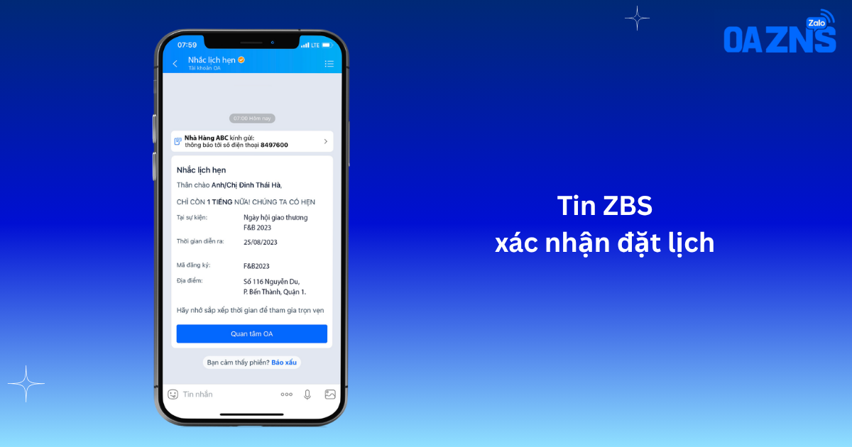 Tin ZBS xác nhận đặt lịch