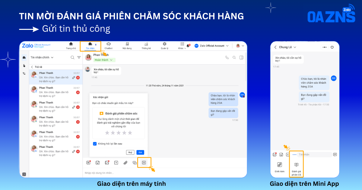 Cách gửi tin mời đánh giá phiên CSKH gửi thủ công